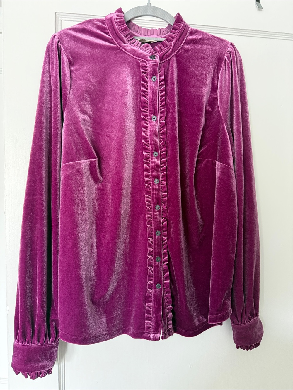 Boden Velvet Ruffle-Trim Button Down Shirt - Magenta
